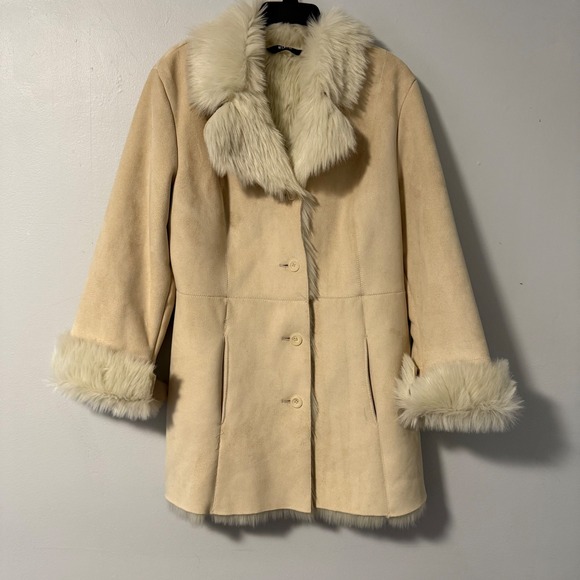 Mixit Y2K Womens Faux Suede & Fur Lined PennyLane Coat Jacket Cream Beige Cuff L